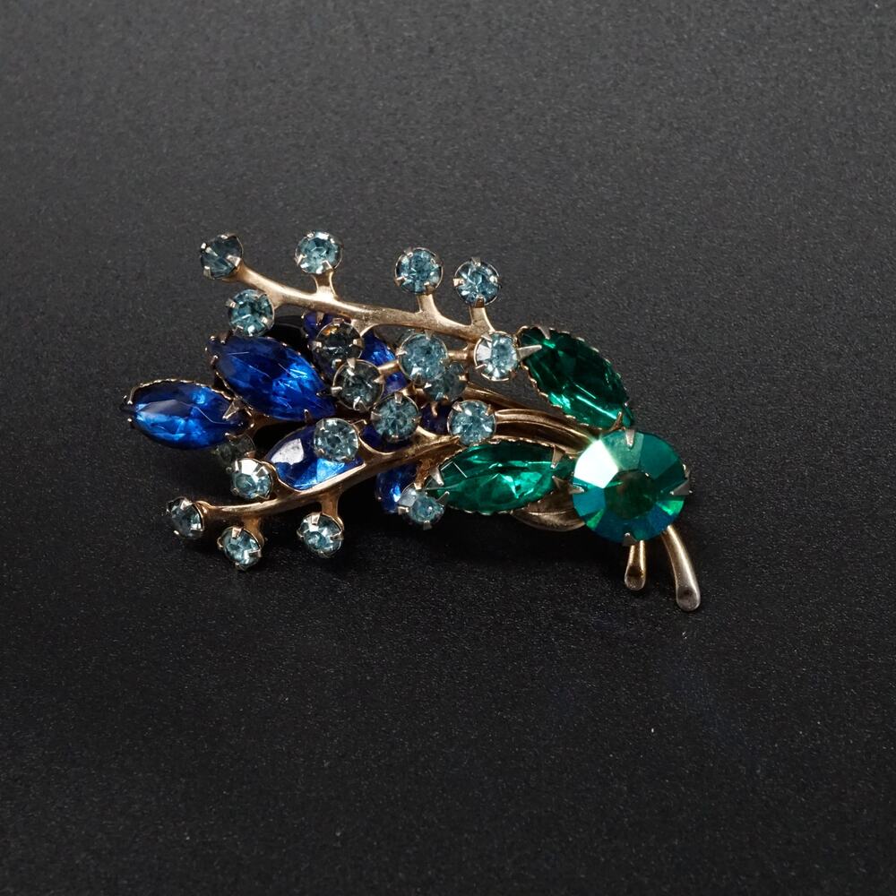 Vintage Floral Spray Retro Rhinestone Brooch Blue Green Gold Tone Branch Pin